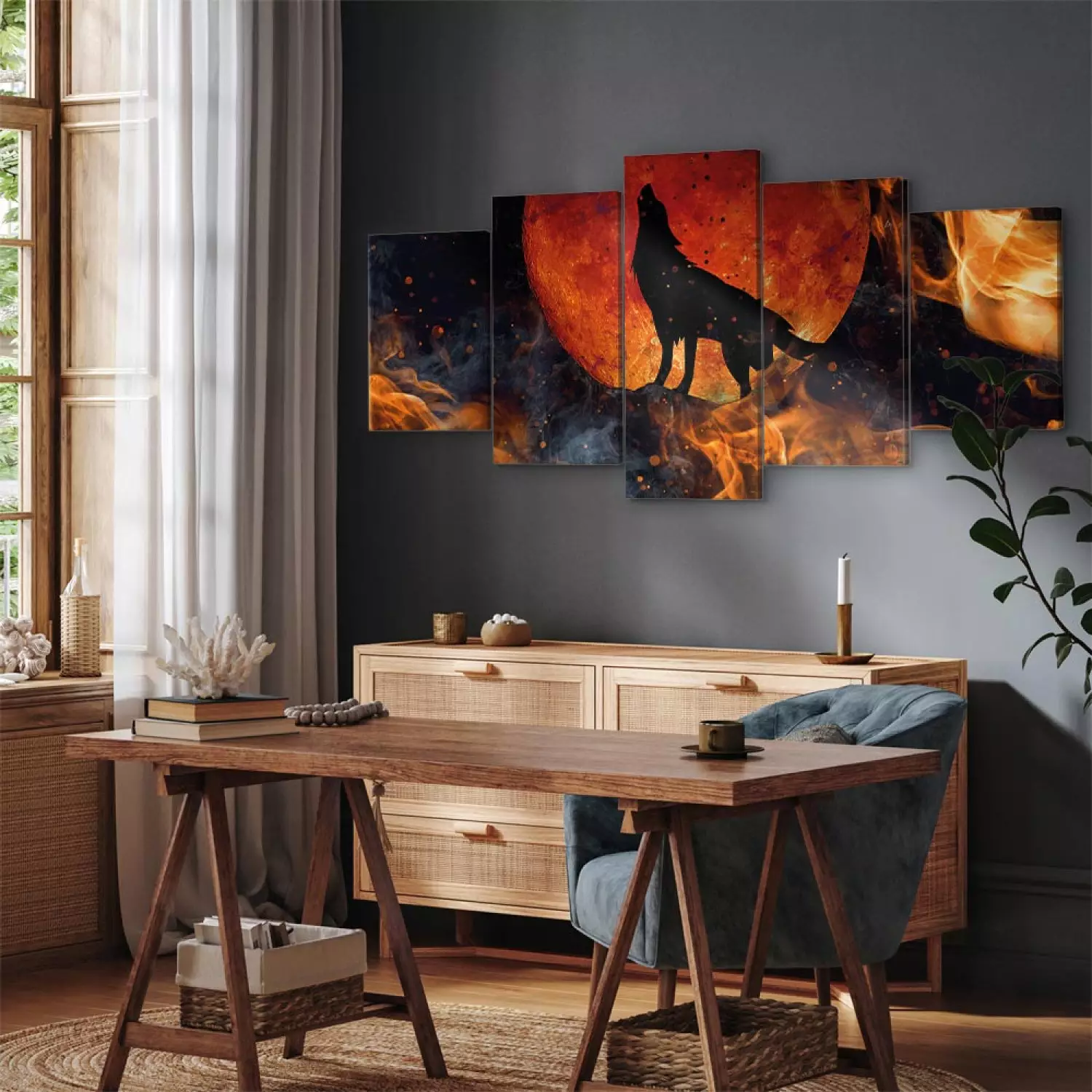 Canvas Print Wolf in Fire (5-piece) wide - black animal against moon background