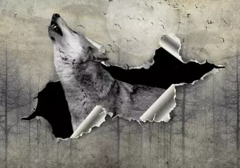 Photo Wallpaper Full Moon - Composition with a wolf, trees and birds Wallpaper Cropper
