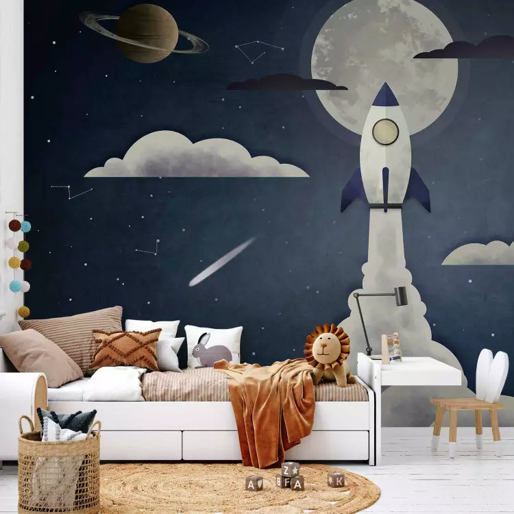 Space travel - flying rocket in space with planets and stars