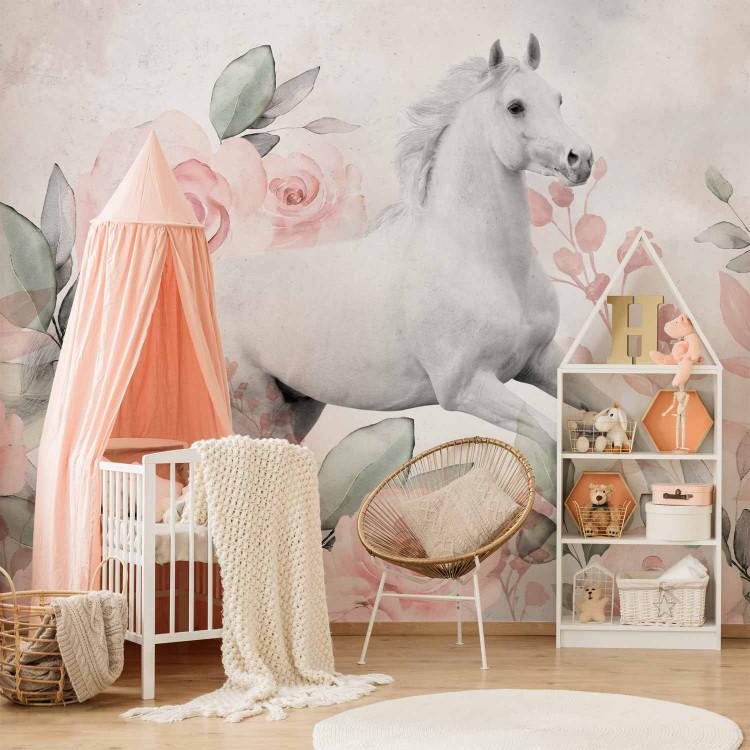 Wall Mural White horse between roses - a theme maintained in white and pink
