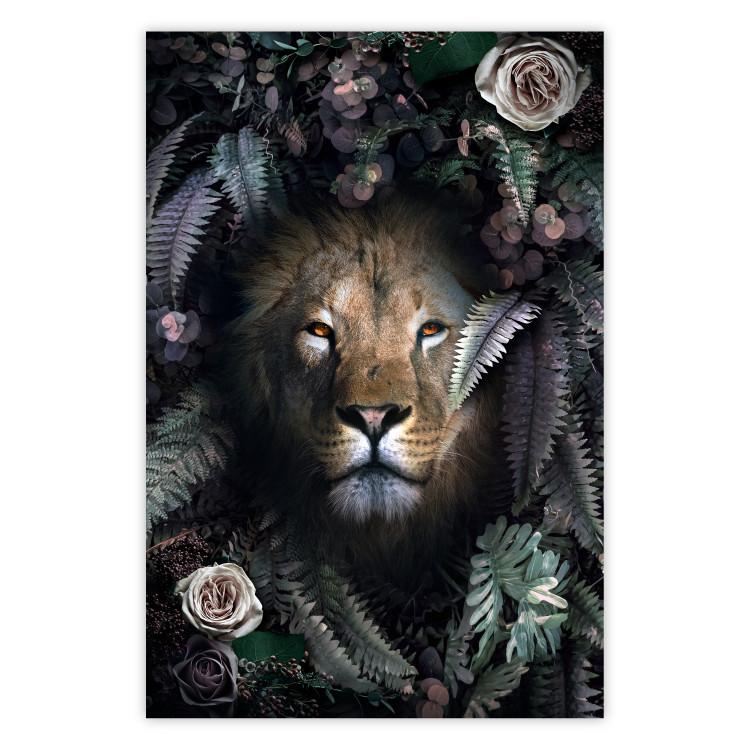 Poster Lion in Leaves - animal portrait against green plants and flowers