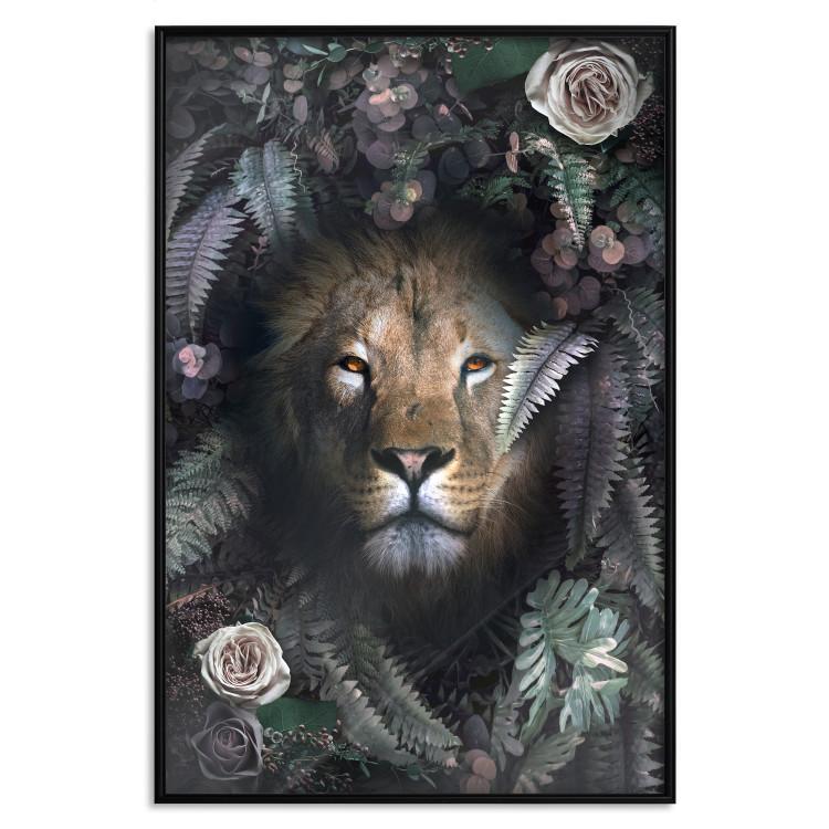 Poster Lion in Leaves - animal portrait against green plants and flowers