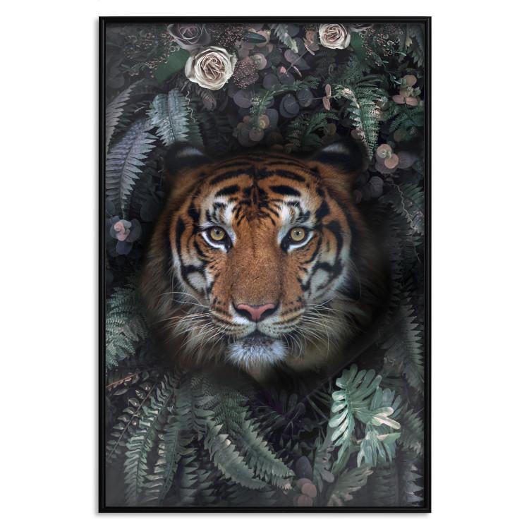Poster Tiger in Leaves - portrait of a tiger against a background of green plants and flowers