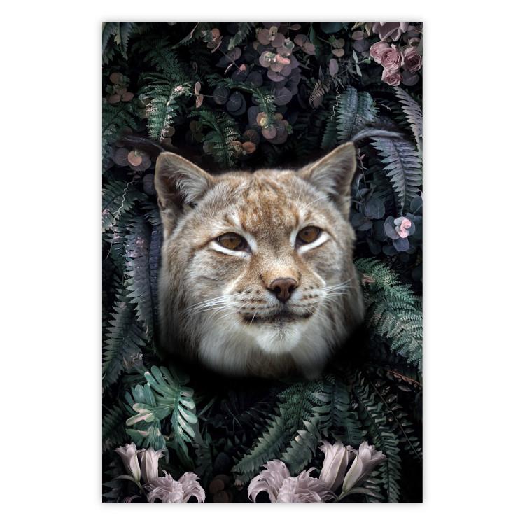 Poster Lynx in Flowers - feline portrait against a background of green plants and flowers