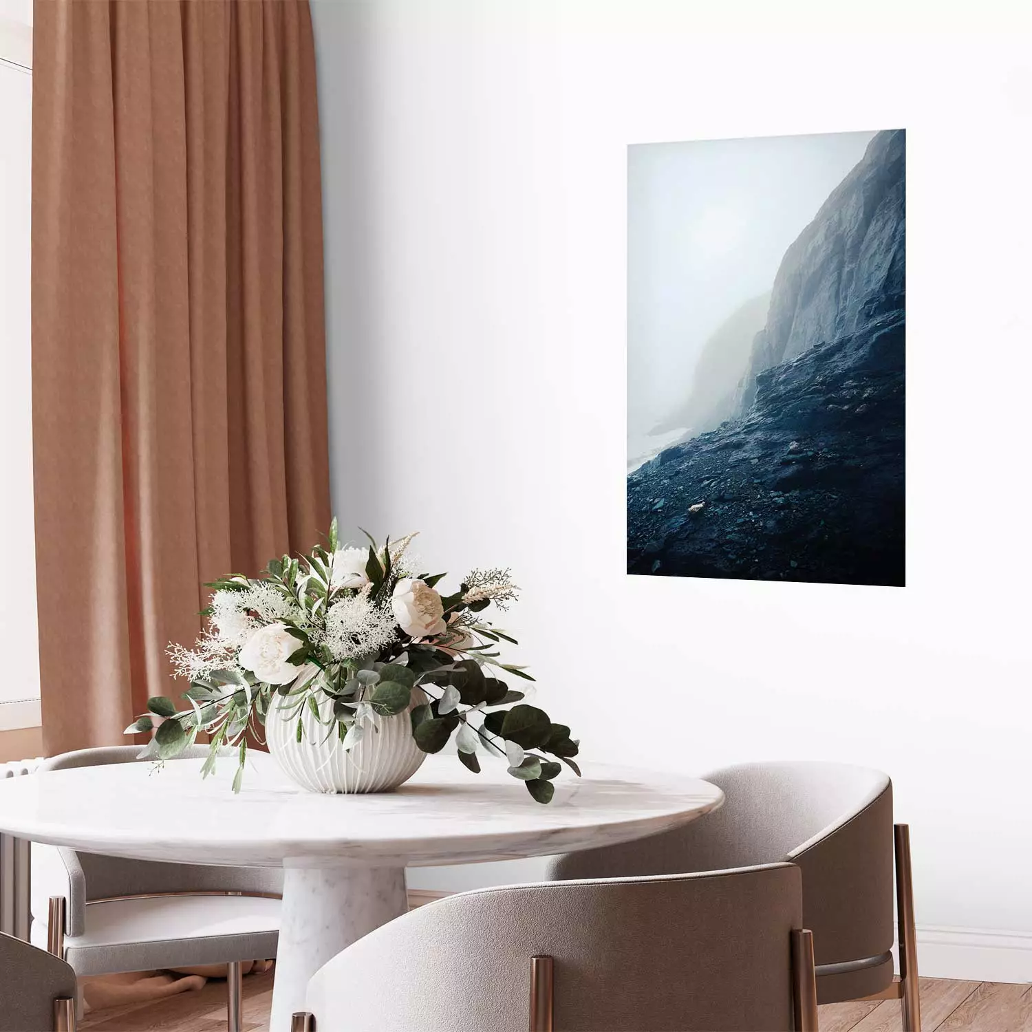 Poster Misty Statue - landscape of rocky cliffs above water in thick fog