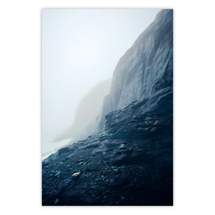 Poster Misty Statue - landscape of rocky cliffs above water in thick fog