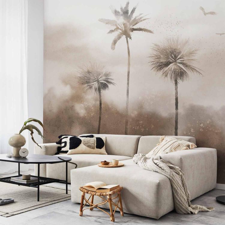 Wall Mural Tropical wind - landscape with palm trees in shades of gray and bronze