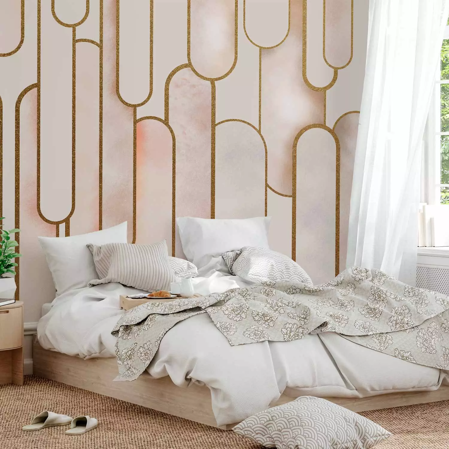 Photo Wallpaper Elegant art deco abstraction - powder shapes with gold patterns