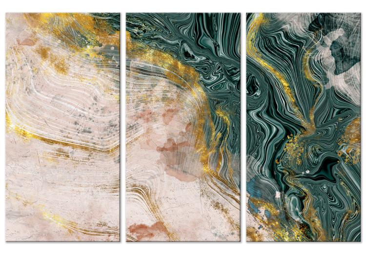 Canvas Golden Veins in Malachite (3-piece) - modern abstraction with beige