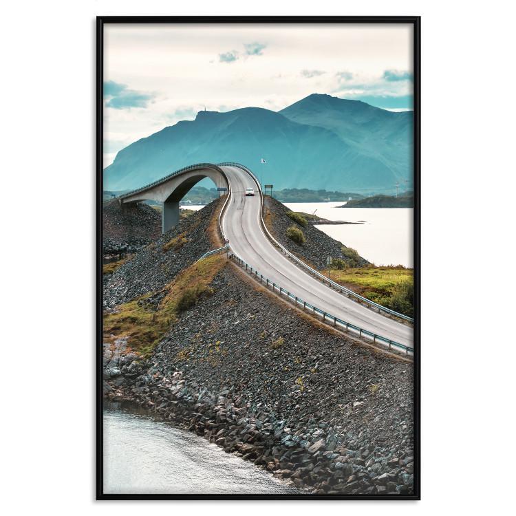 Poster Road through Lakes - landscape of a road and bridge against tall mountains