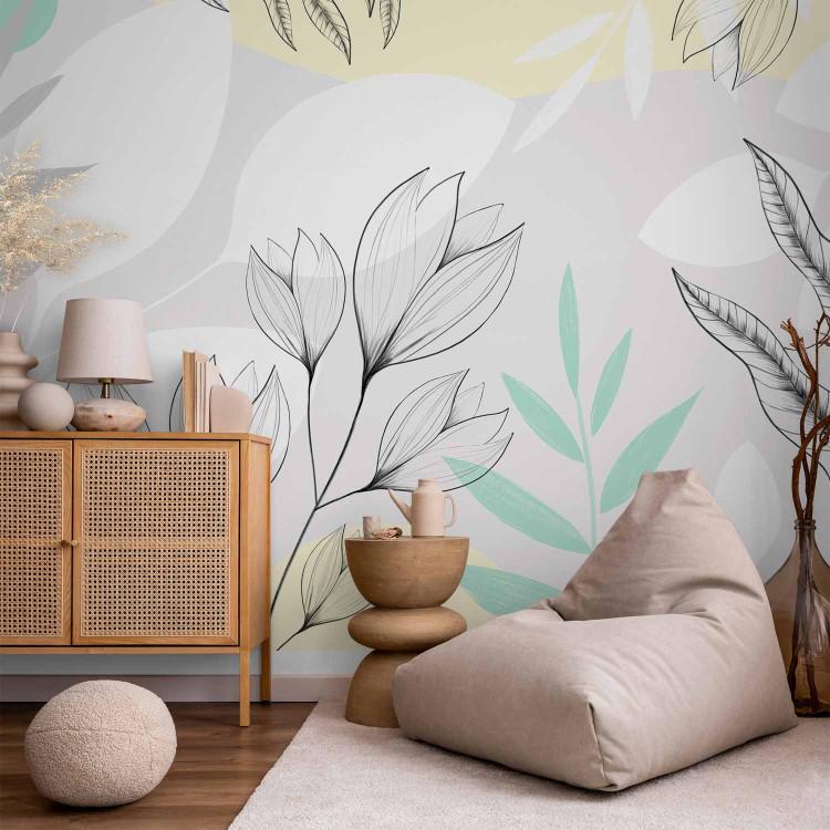 Wall Mural Spring blast - composition with flowers and leaves in white and gray