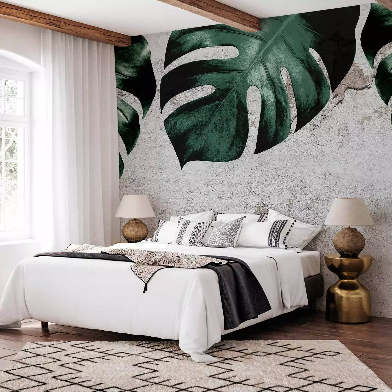 Photo Wallpaper Face of monstera- composition with green leaves and concrete wall - bimago