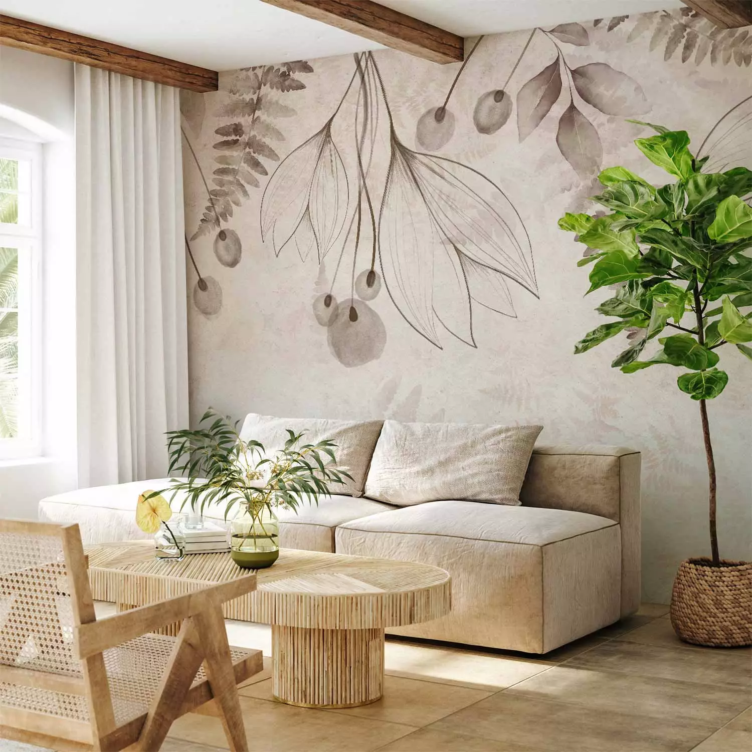 Wall Mural A subtle breeze - minimalist flowers and leaves in a beige composition