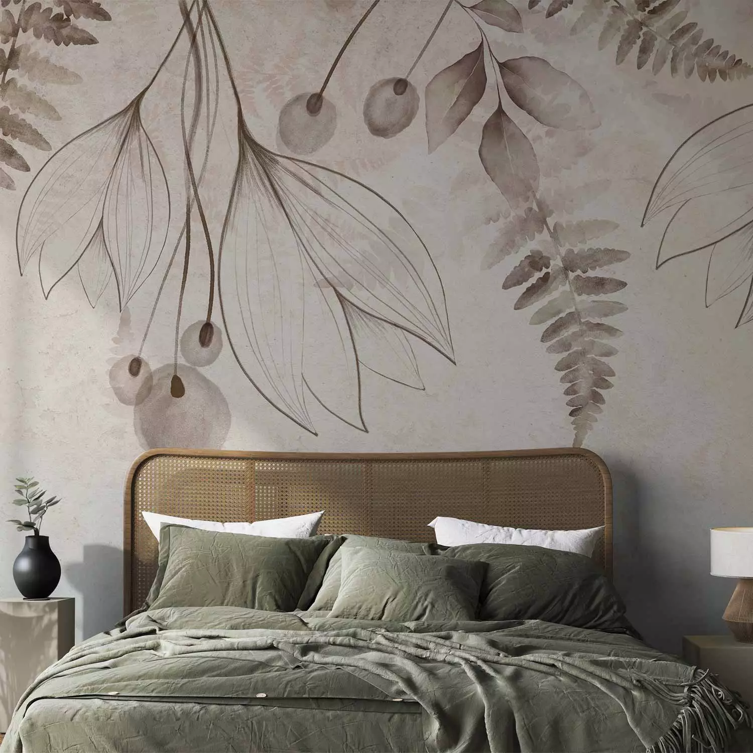Wall Mural A subtle breeze - minimalist flowers and leaves in a beige composition
