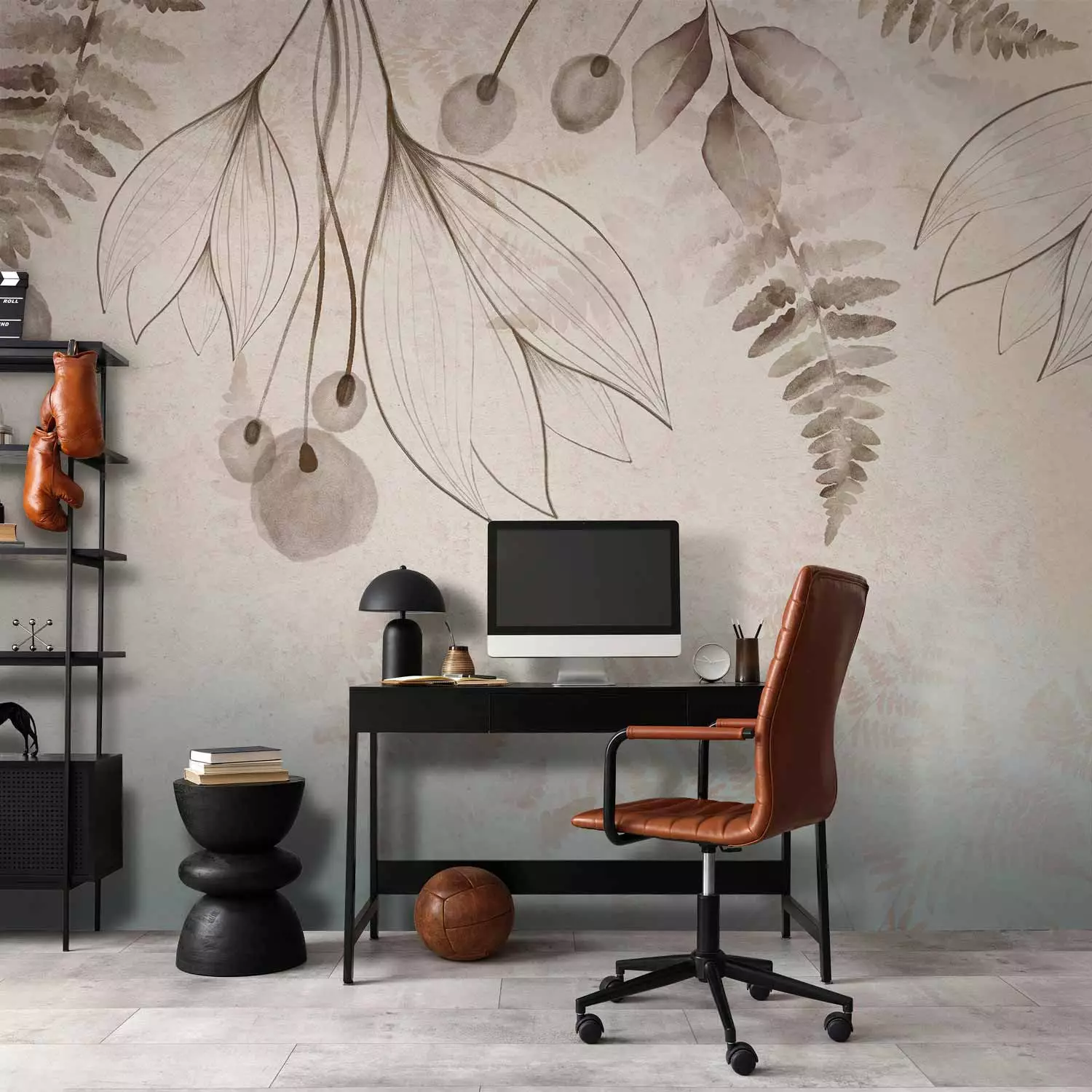Wall Mural A subtle breeze - minimalist flowers and leaves in a beige composition