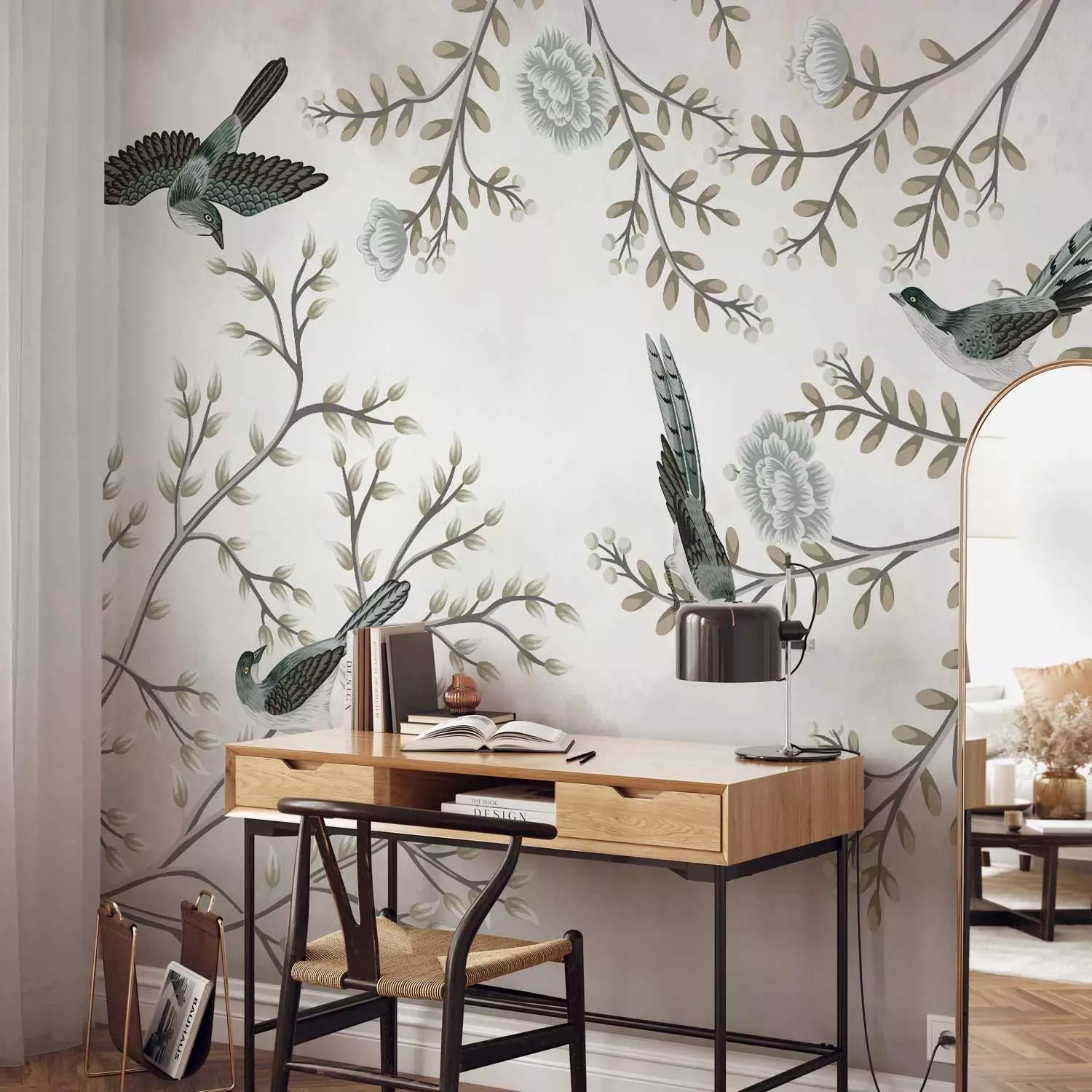 Wall Mural Birds in the garden - minimalist tree landscape with leaves and flowers