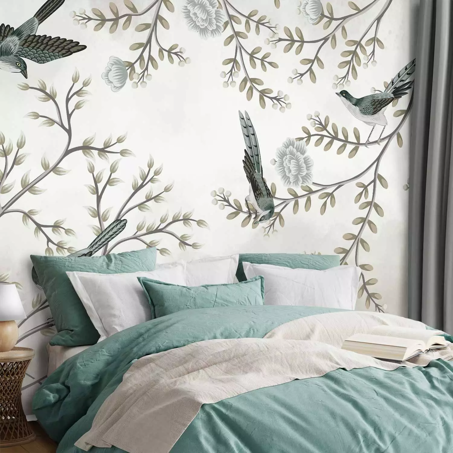 Wall Mural Birds in the garden - minimalist tree landscape with leaves and flowers