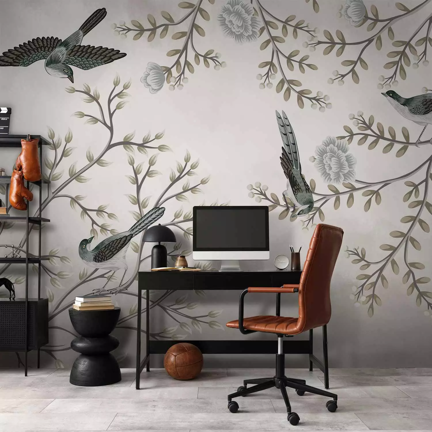 Wall Mural Birds in the garden - minimalist tree landscape with leaves and flowers