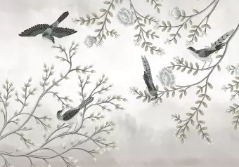 Wall Mural Birds in the garden - minimalist tree landscape with leaves and flowers Wallpaper Cropper