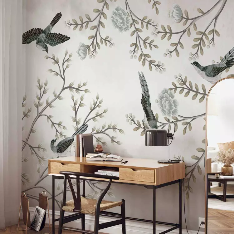 Wall Mural Birds in the garden - minimalist tree landscape with leaves and flowers