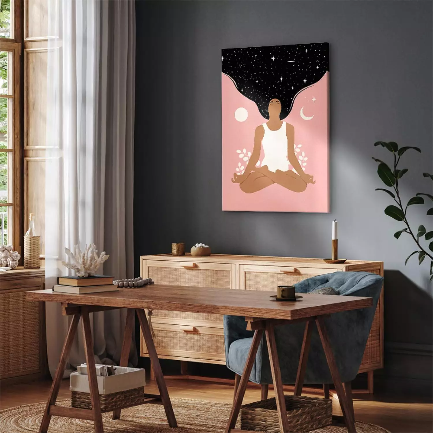 Canvas Print Morning Yoga Vertical - woman figure in a self-love spirit