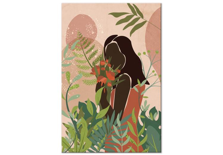 Canvas Woman in Green (1-piece) Vertical - colorful plants on pink background
