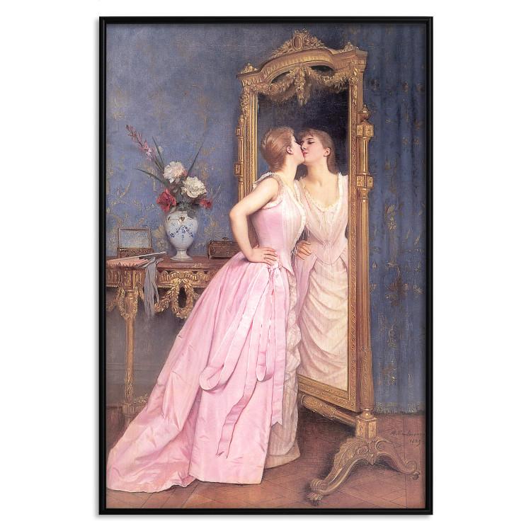 Poster Vanity - woman in a pink long dress looking at herself in the mirror