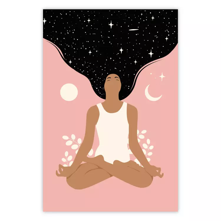 Poster Morning Yoga - meditating woman drifting into thoughts in a dark cosmos