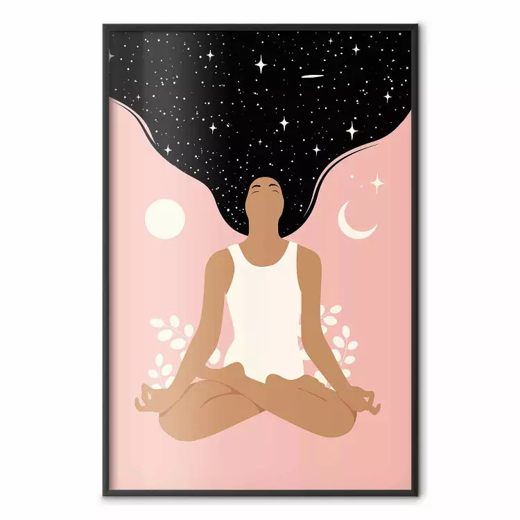 Morning Yoga - meditating woman drifting into thoughts in a dark cosmos