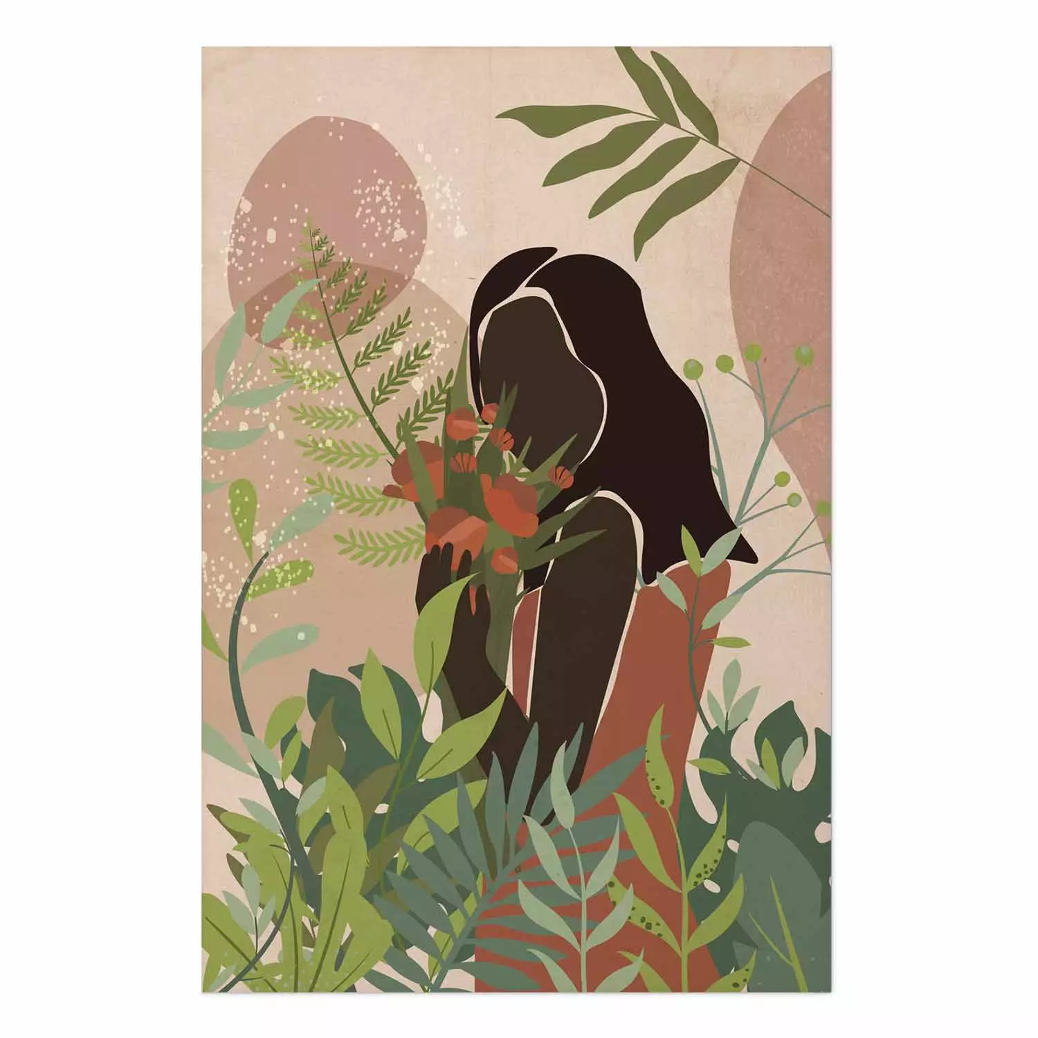 Wall Poster Woman in Green - black woman among plants on an abstract background