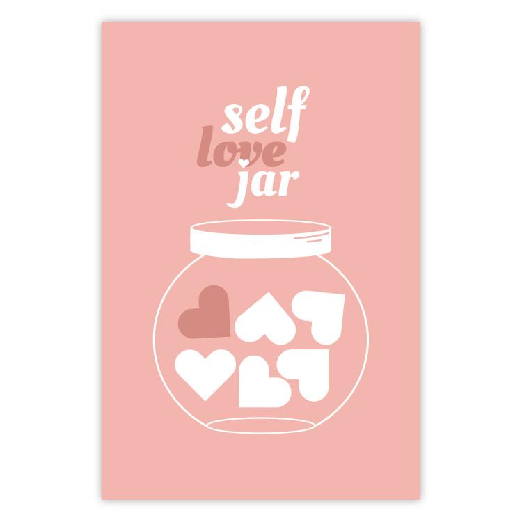Poster Self Love Jar - jar with hearts and English texts on a pink background