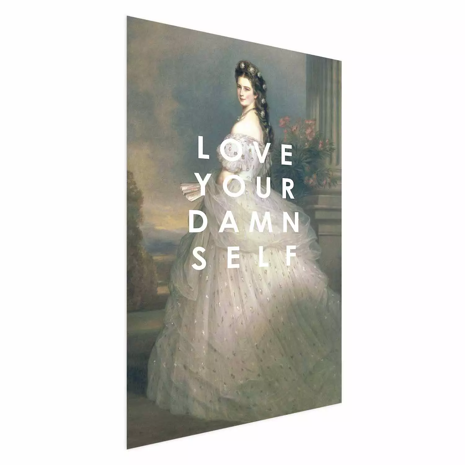 Wall Poster Love Your Damn Self - English texts and a woman in a wedding dress
