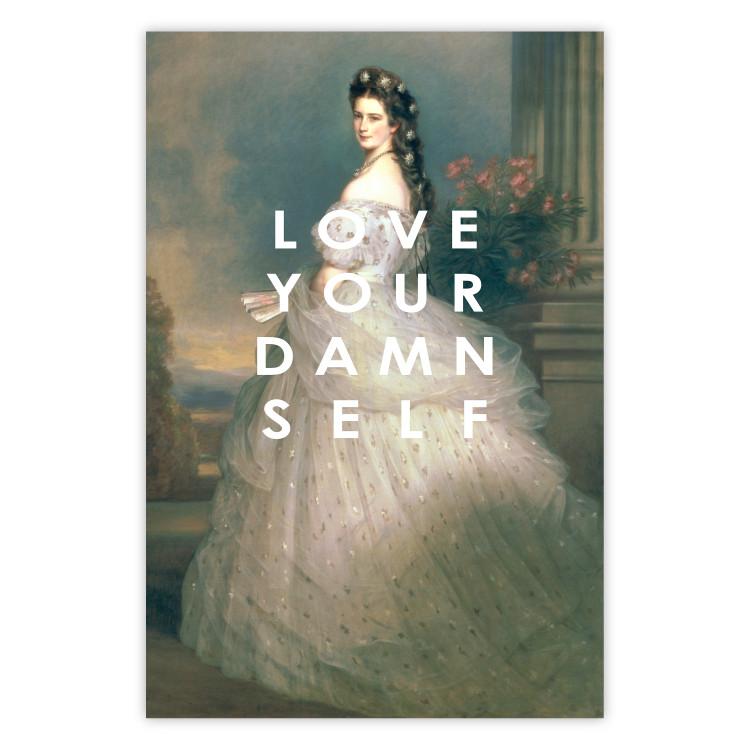 Poster Love Your Damn Self - English texts and a woman in a wedding dress