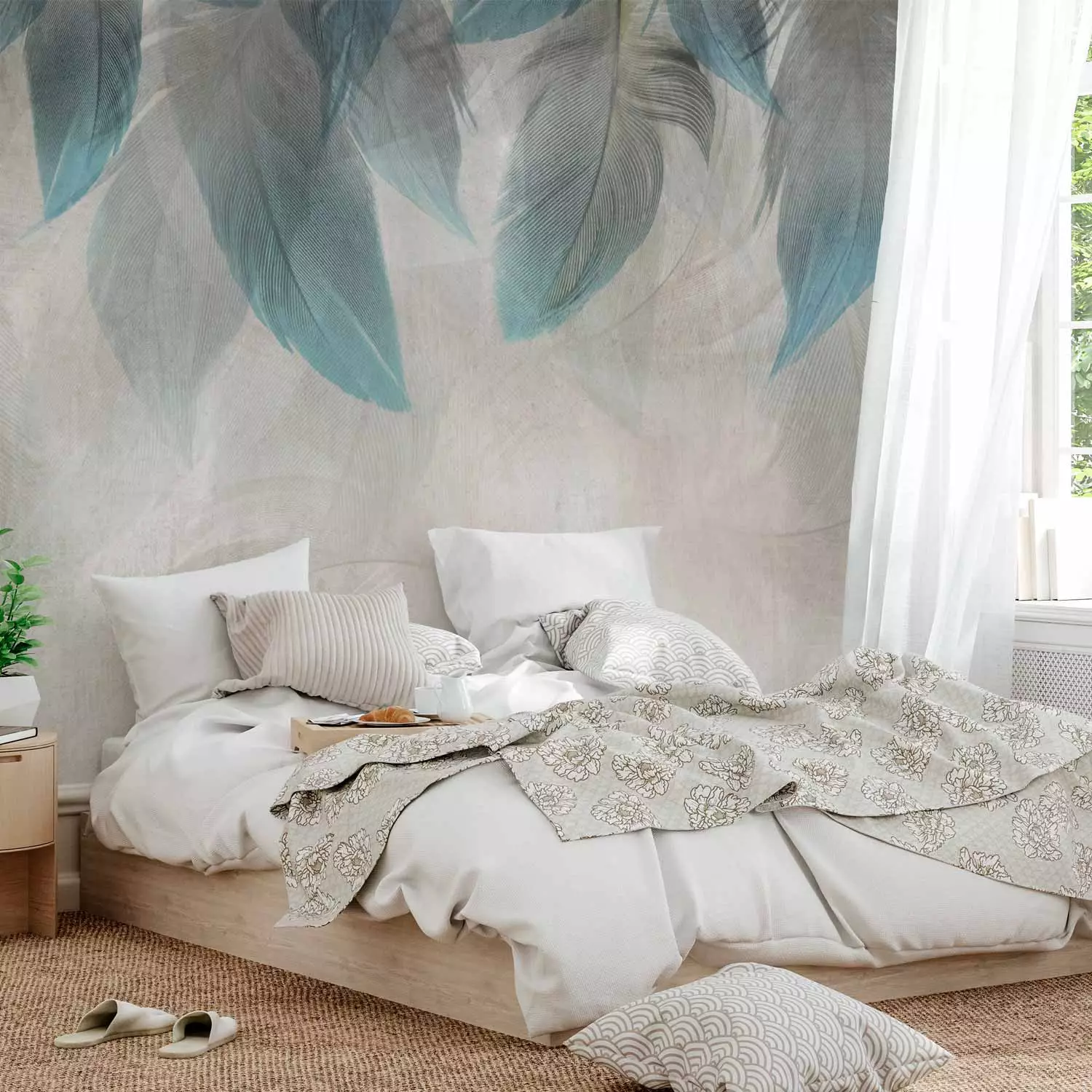 Photo Wallpaper Forest of Feathers - a bright gray and blue composition