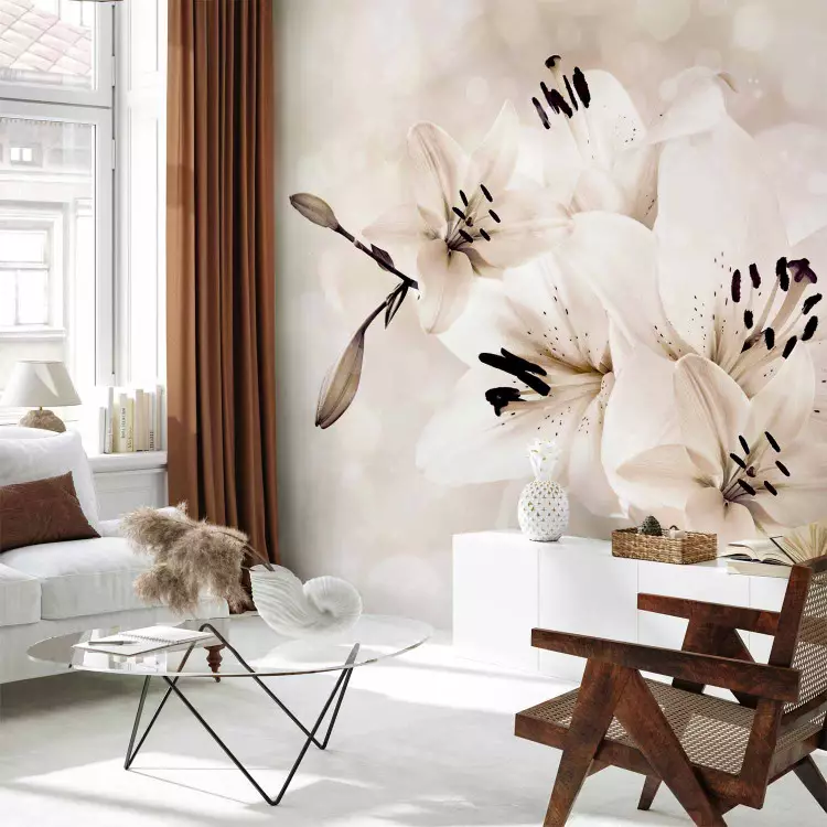 Magic lilies - glamour floral motif on light background with patterns