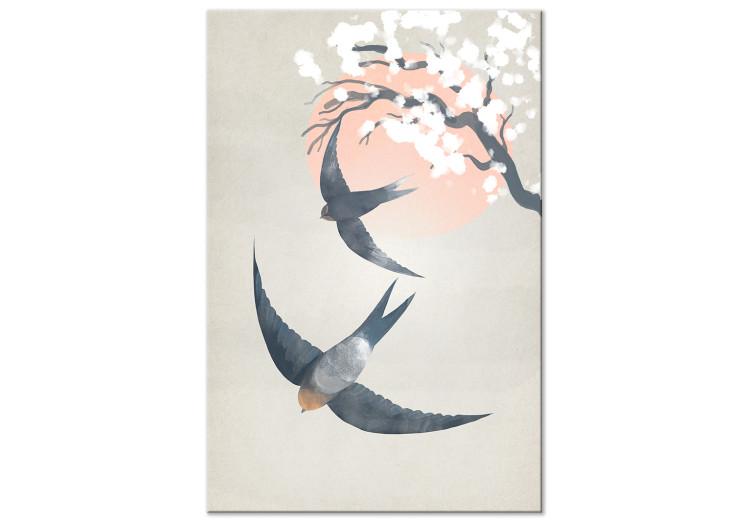 Canvas Swallows in Flight (1-piece) Vertical - birds against a cherry tree background
