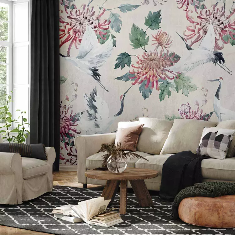 Oriental composition - crane birds motif with flowers and leaves with background
