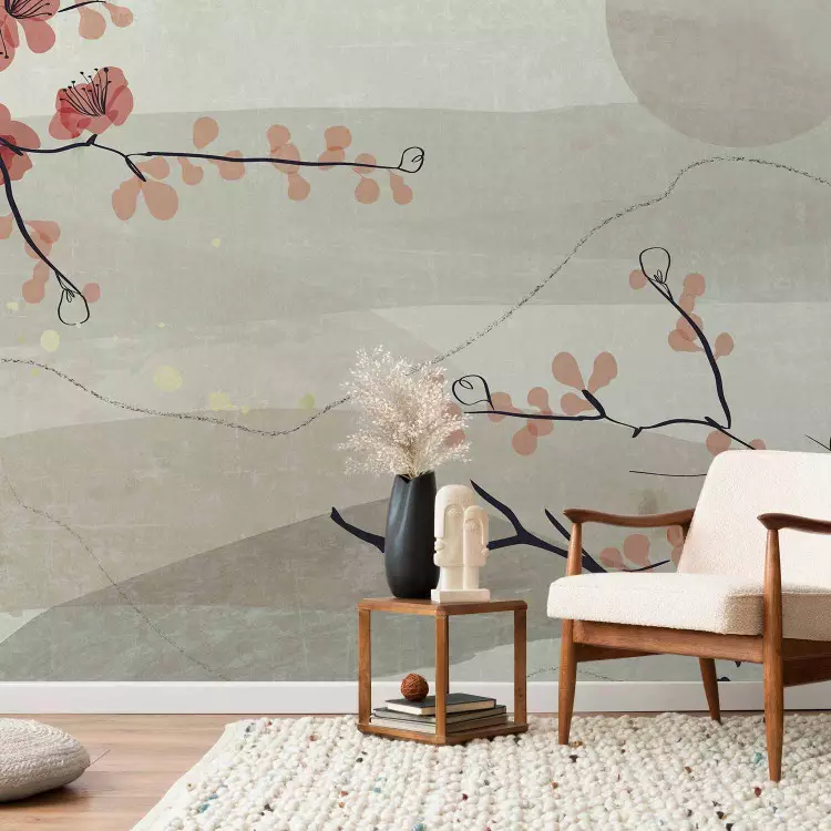 Japanese landscape - abstract composition with cherry tree branch and sunshine