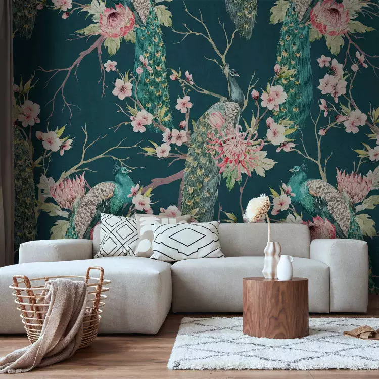 Noble peacocks - bird motif on branches with floral patterns