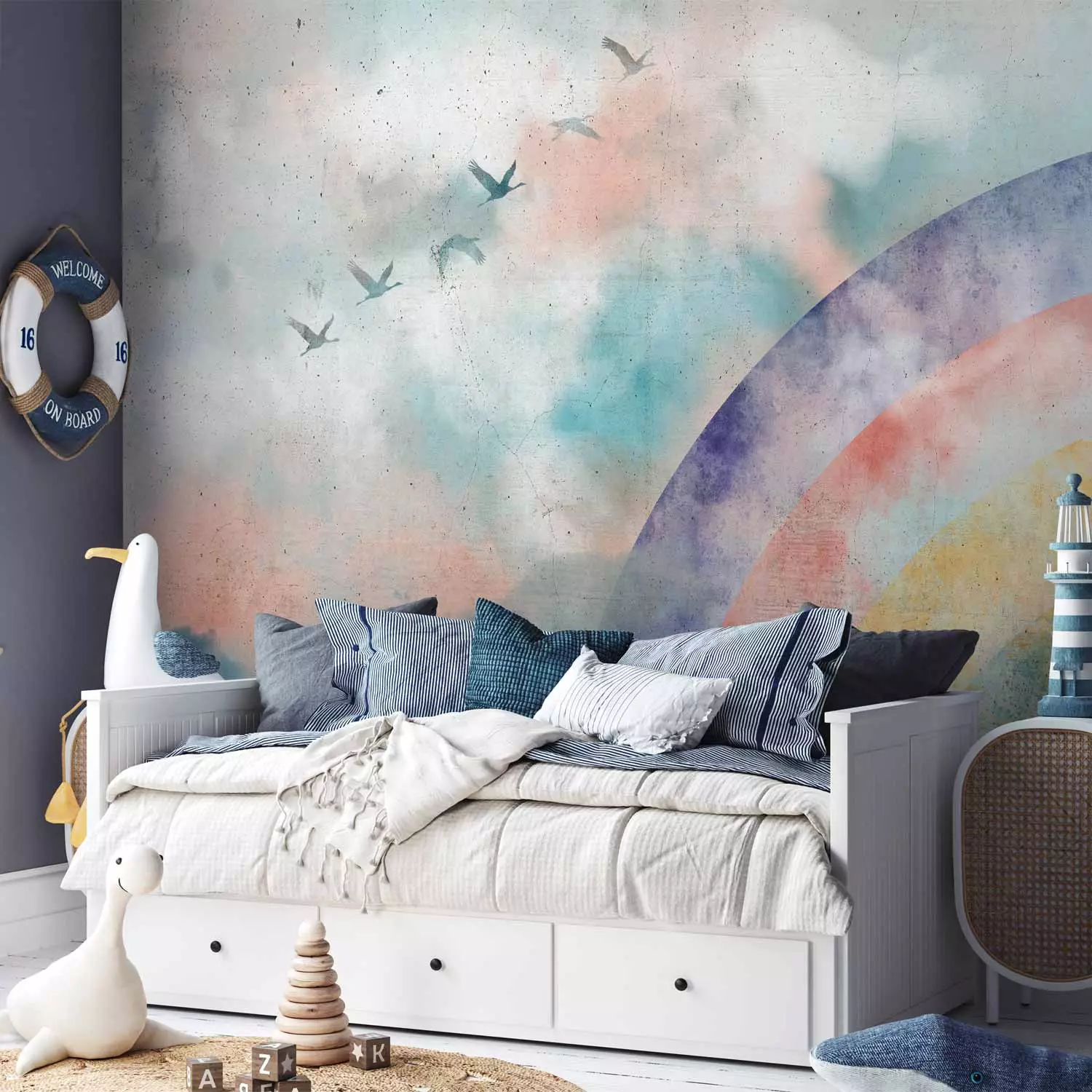 Wall Mural Rainbow dreams - landscape with clouds and flying birds in watercolour style