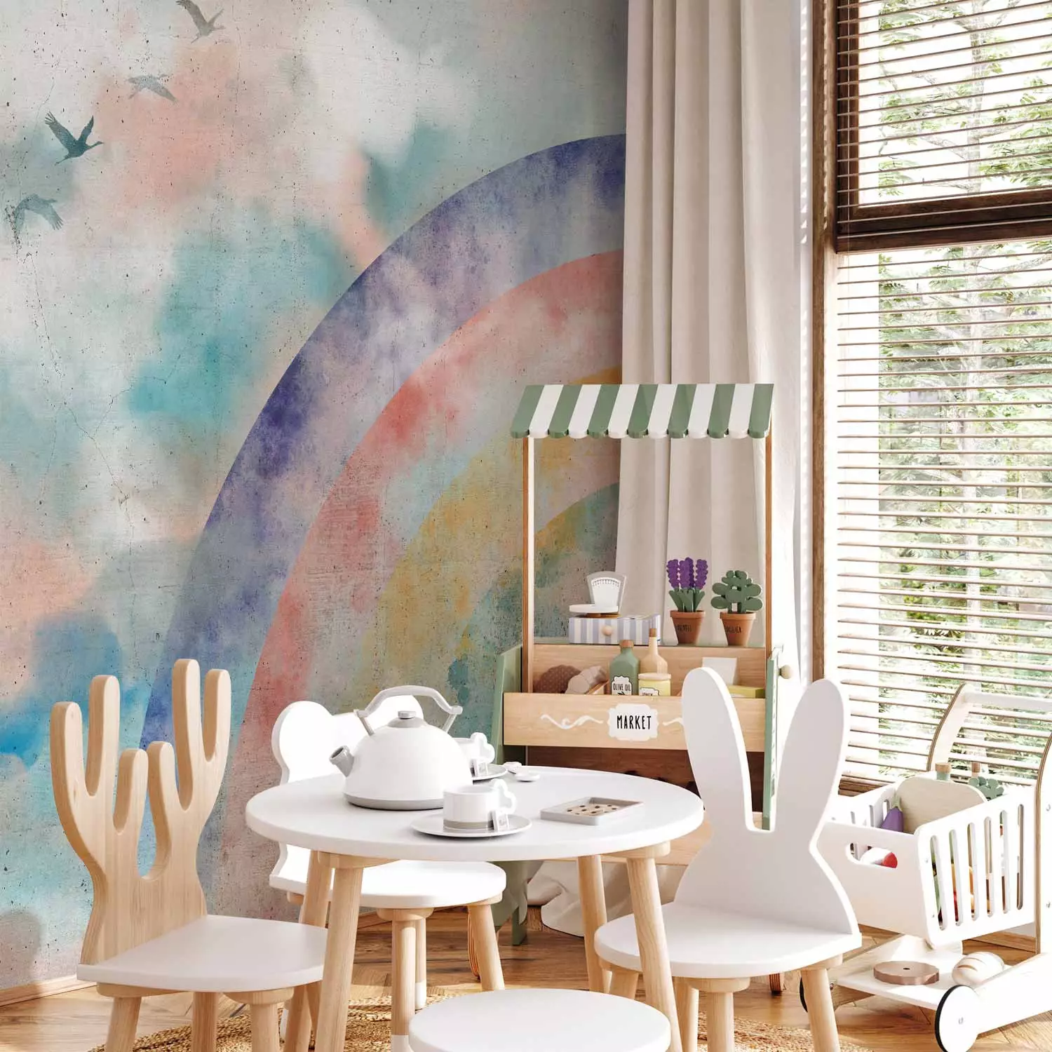 Wall Mural Rainbow dreams - landscape with clouds and flying birds in watercolour style