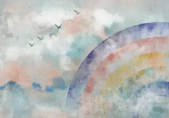 Wall Mural Rainbow dreams - landscape with clouds and flying birds in watercolour style Wallpaper Cropper