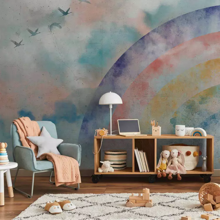 Rainbow dreams - landscape with clouds and flying birds in watercolour style