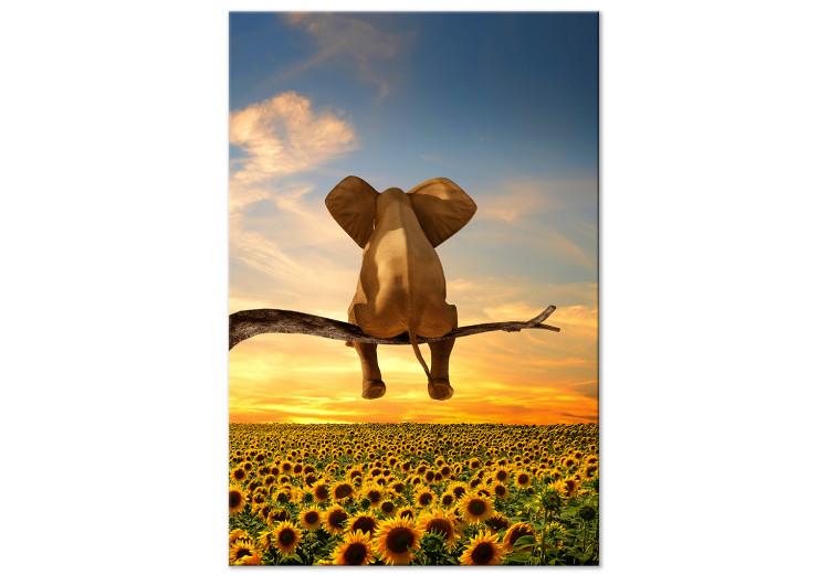 Canvas Elephant and Sunflowers (1-piece) Vertical - fantasy with a sunset
