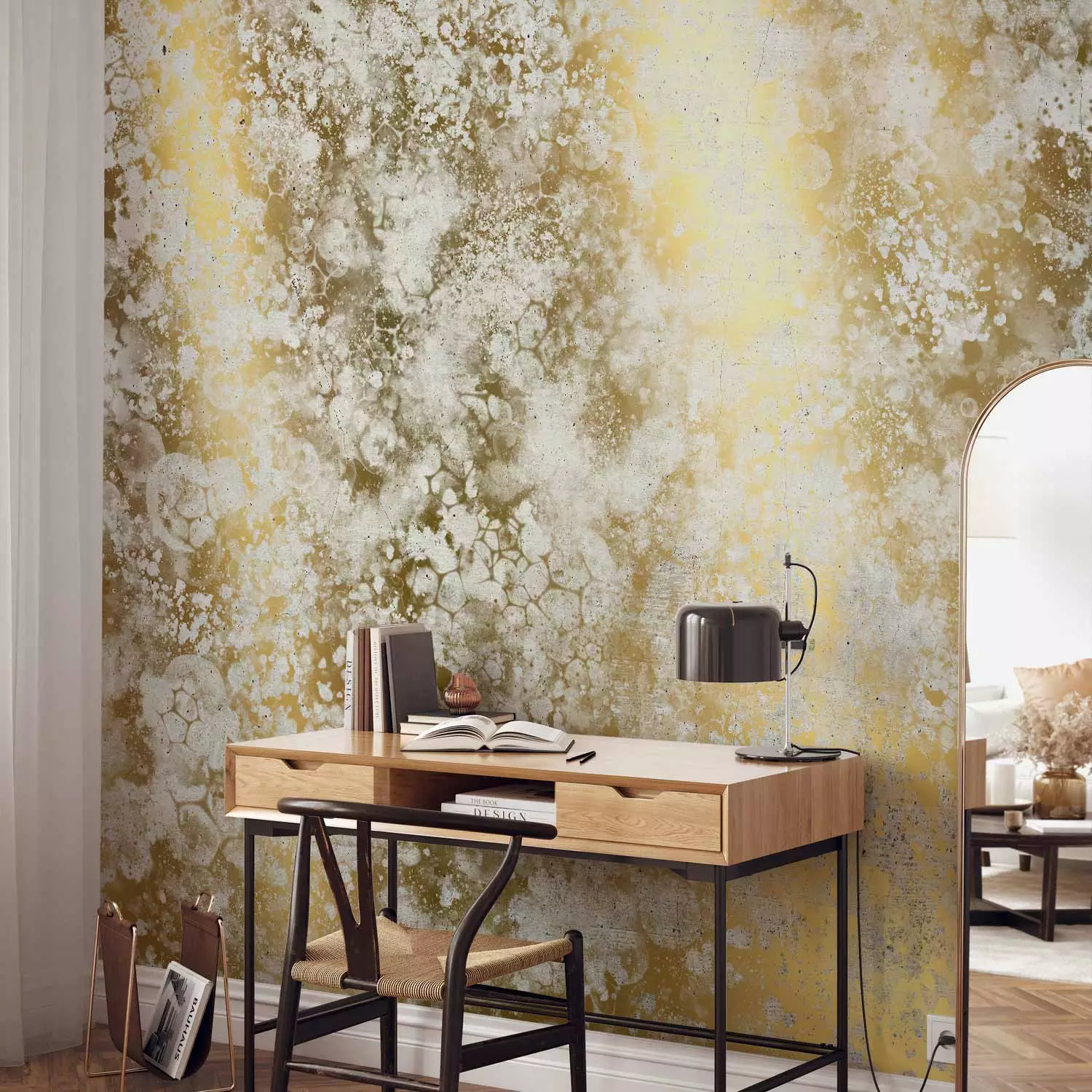 Wall Mural Abstraction - white patterned background with bubble marks on gold background