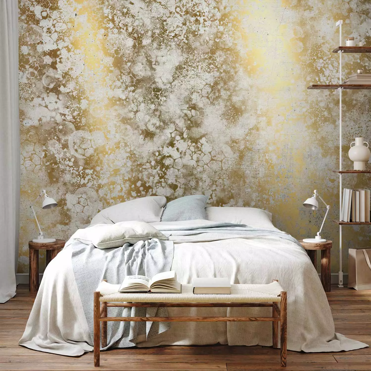 Wall Mural Abstraction - white patterned background with bubble marks on gold background