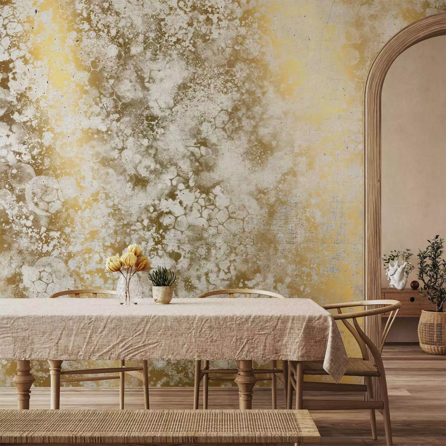 Wall Mural Abstraction - white patterned background with bubble marks on gold background
