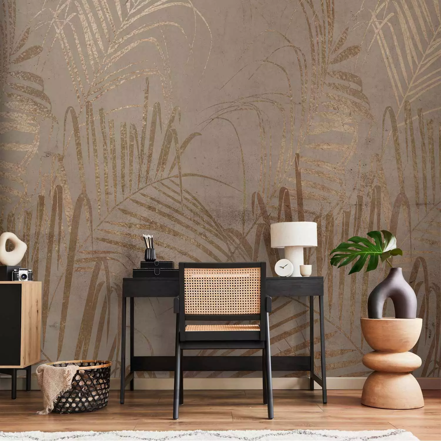 Wall Mural Coast of Palm Trees - Artistic Beige Composition With Leaves