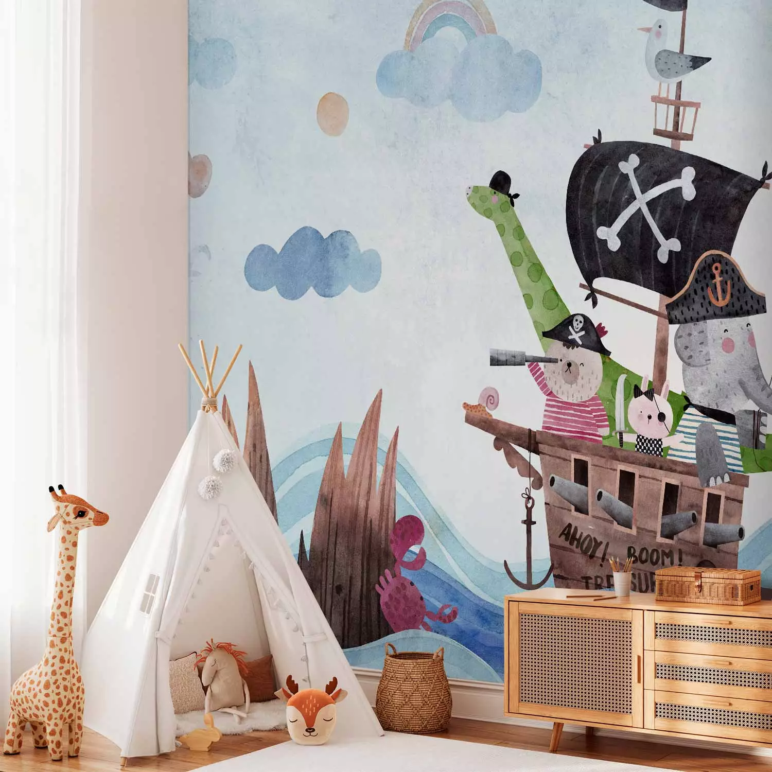 Wall Mural Adventure at sea - painted pirate ship with animals for children