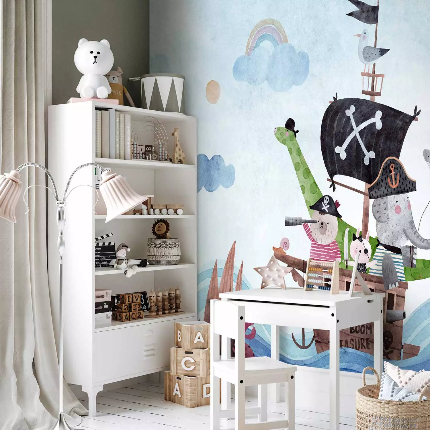 Wall Mural Adventure at sea - painted pirate ship with animals for children